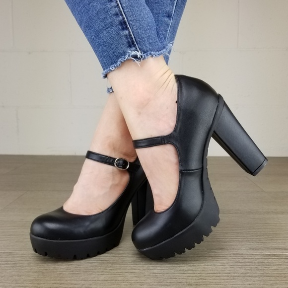 Rockabilly Chunky Platform Heels Faux Leather - Picture 5 of 8